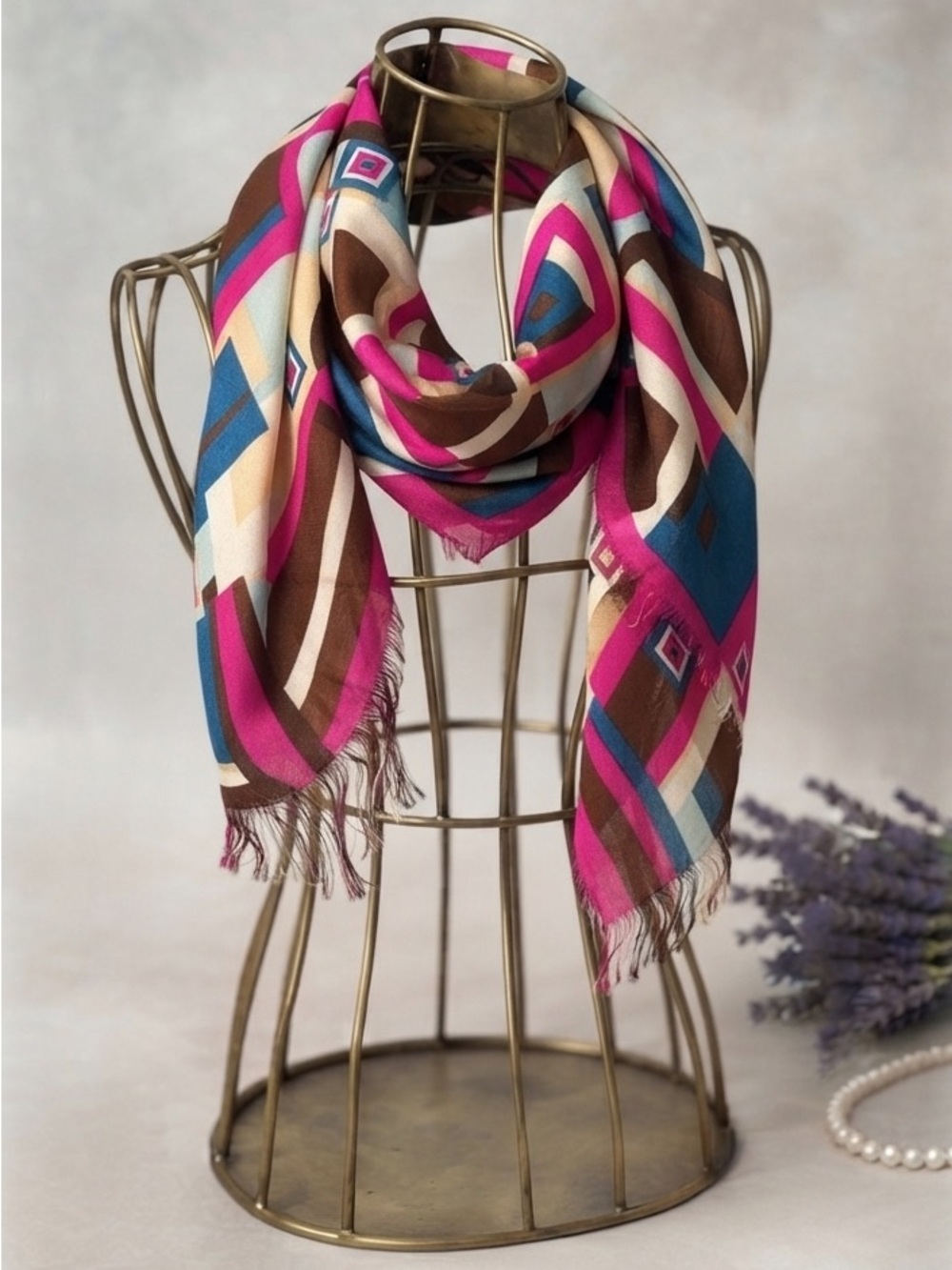 Bold Colorblock Pattern Scarf with Fringe